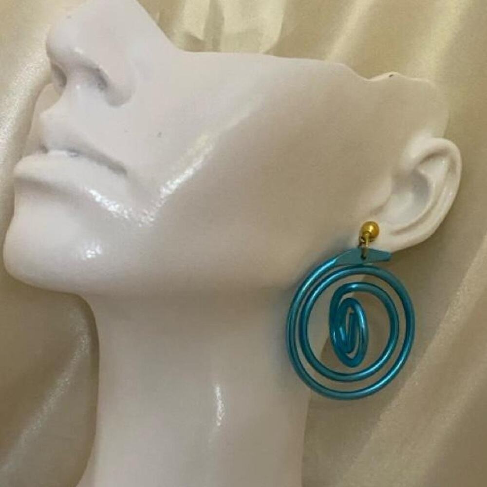 Neon Blue Spiral Wire Statement Earrings Retro Atomic 80s Style Dangle Earrings